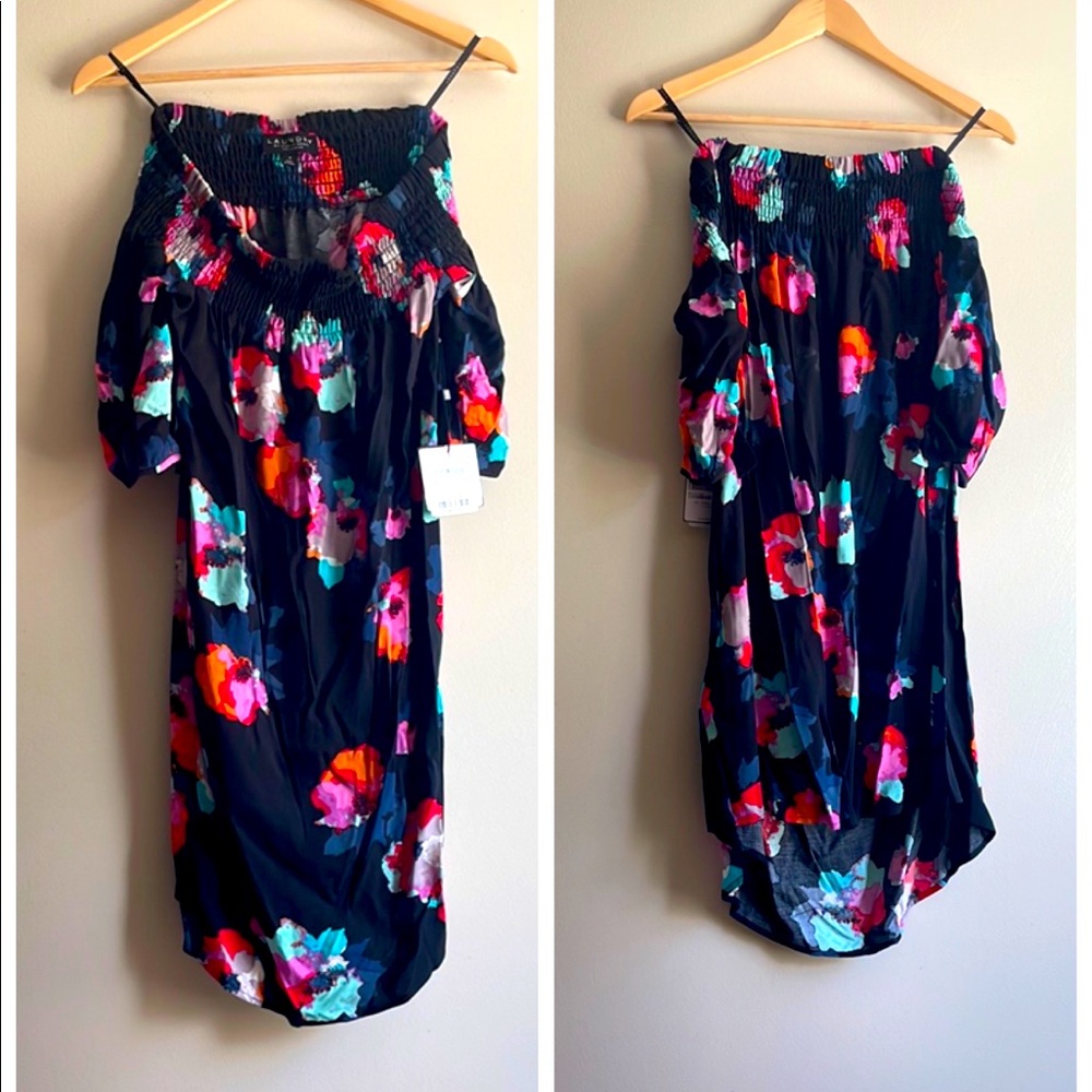 NWT LAUNDRY Shelli Segal black multi floral pink red cold shoulder mini dress 2